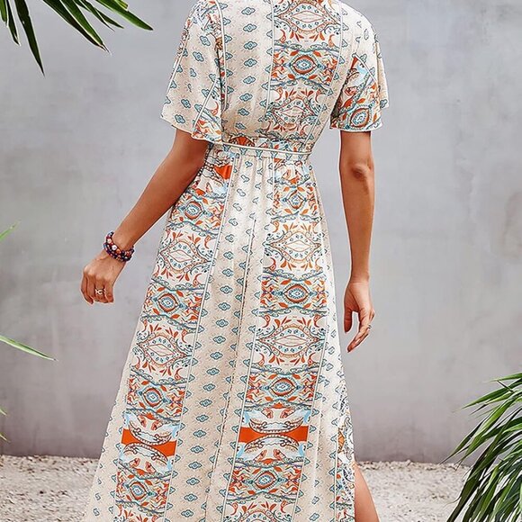 Women's Boho Floral Maxi Dress V Neck Short Sleeve Ruffle Split Beach - Picture 5 of 6